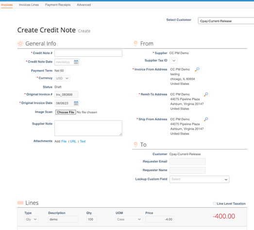 CSP Invoices dialog: Create Credit Note