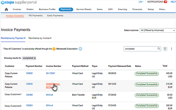 CSP Invoice Payments data table with strategic view across All Customers