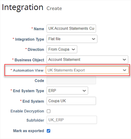 Create Integration window for custom Treasury integration for Account Statements