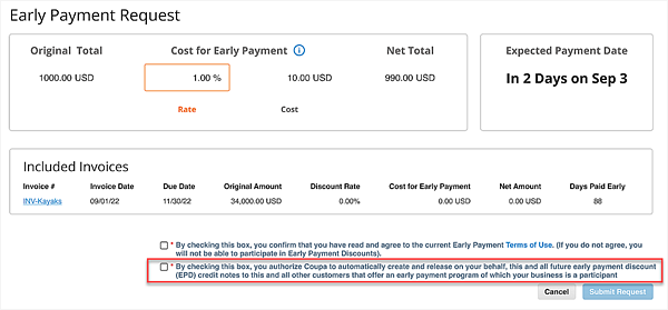 Checkbox to update CSP Terms and Conditions to auto release Early Payment Discount credit notes